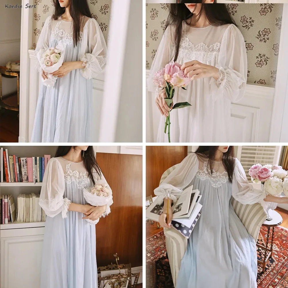 

Викторианская кружевная ночная сорочка для женщин, длинная летняя ночная рубашка из чистого хлопка в белом и синем цветах