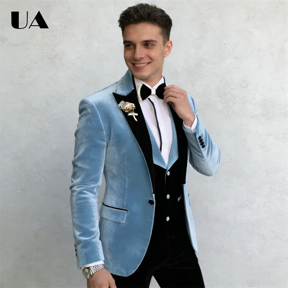 Sky Blue Velvet Suit Attire, Men's Formal Three Pieces Suit Set, (Jacket Vest Pants) One Button Blazer Business Suits Tuxedo