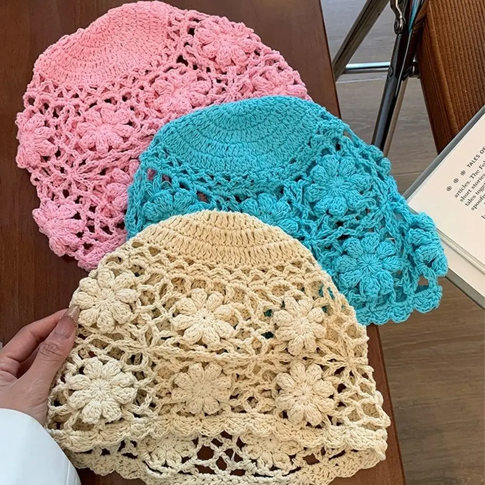 العرقية اليدوية زهرة كروشيه قبعة نسج Y2k متماسكة حوض قبعات الجوف النساء بيني قبعة السيدات