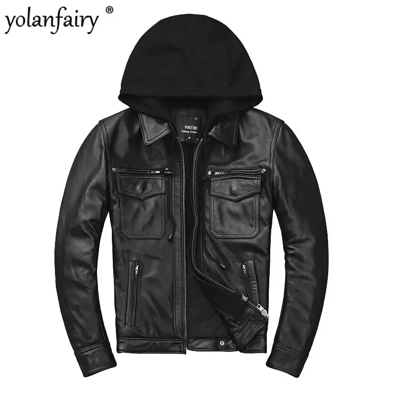 

YOLANFAIRY Pure Cowhide Leather Jacket Men Slim Lapel Detachable Hood Motorcycle Jackets Man Coat Thick Winter Autumn Clothes