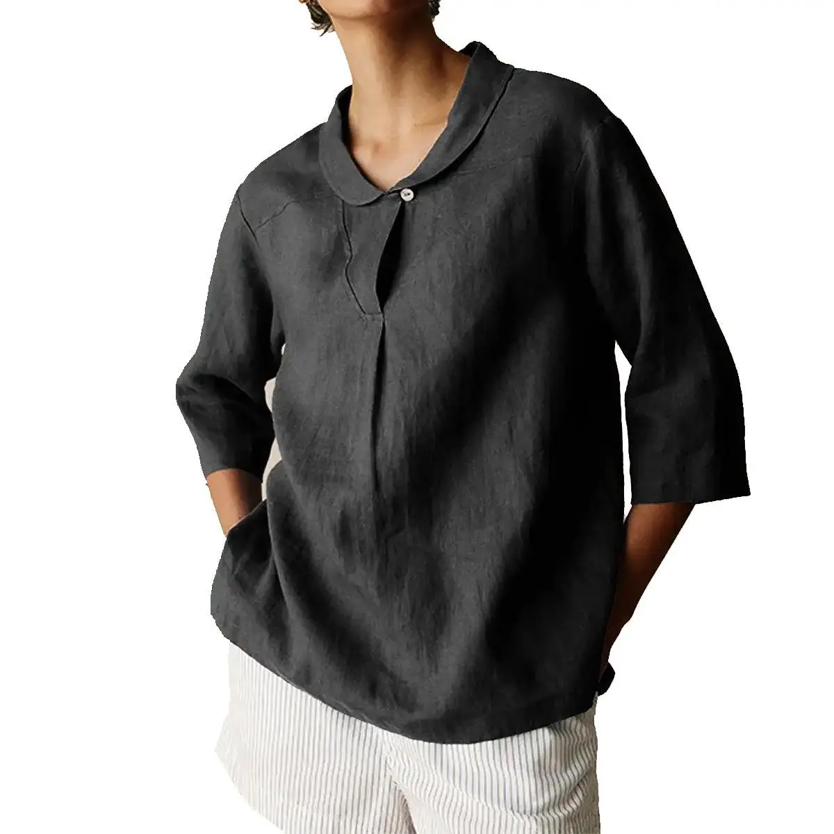 Top da donna casual in misto cotone e lino Seven Quarter Sve con colletto irt T-shirt ampia vestibilità Design con giunture in puro colore