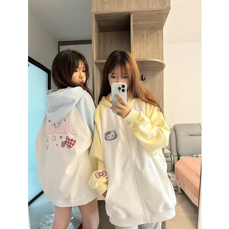 Hot Kawaii Sanrios Hellokitty Hooded Sweatshirt Girl Cute Loose Zipper Cardigan Lazy Couple Cartoon Casual Wear Versatile Jacket