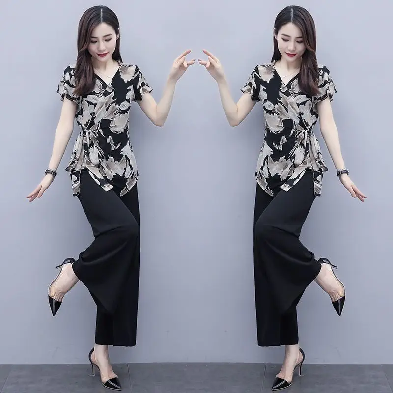 Wide Leg Trouser Suit for Women Summer Chic Elegant Print Blouse + Pants Two Piece Set Pantsuits Chiffon Clothing M-4XL J410