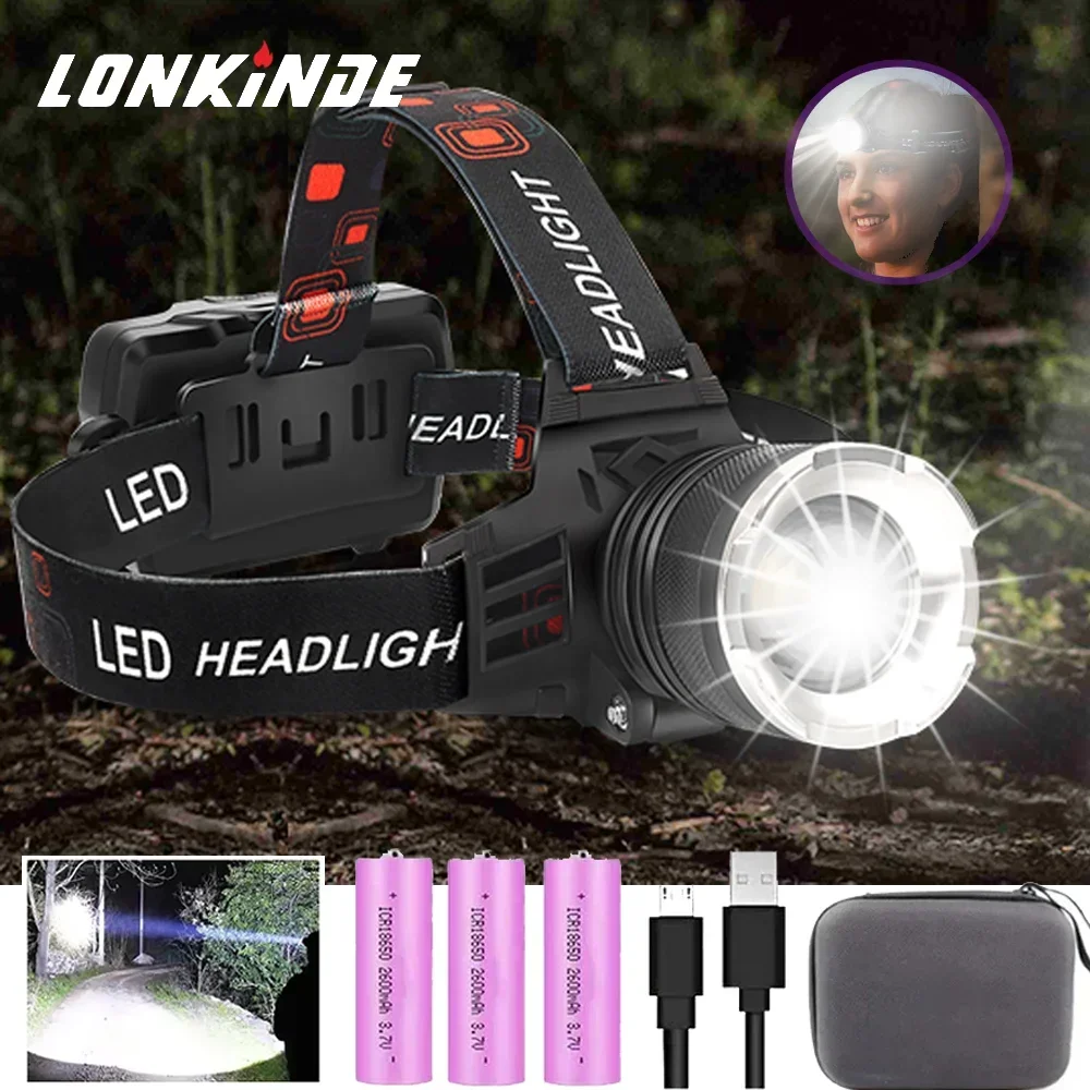 Potente linterna frontal Led XHP70.2 XHP50.2, linterna frontal con Zoom, linterna con batería 18650, linterna de pesca recargable por USB