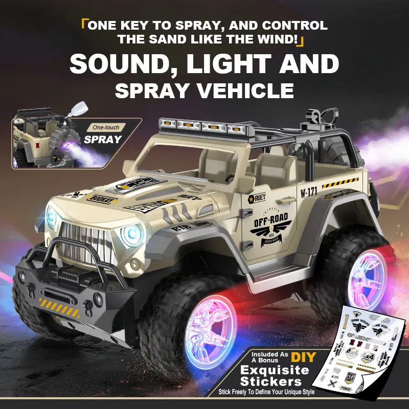 1:16 RC Trucks Toys 2,4-GHz-Auto mit LED-Lichtern und Spray für Kinder, All-Terrain-Offroad-Pickup-Spielzeug für Jungen ab 8 Jahren, Geschenk