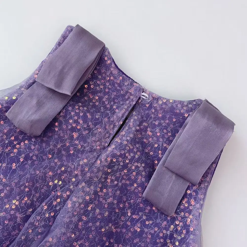 

Summer 2026 New Girls' Sequined Lace Bow Bubble Princess Dress Korean Version Fashionable Solid Color Kids Clothes 2-7 Years Old