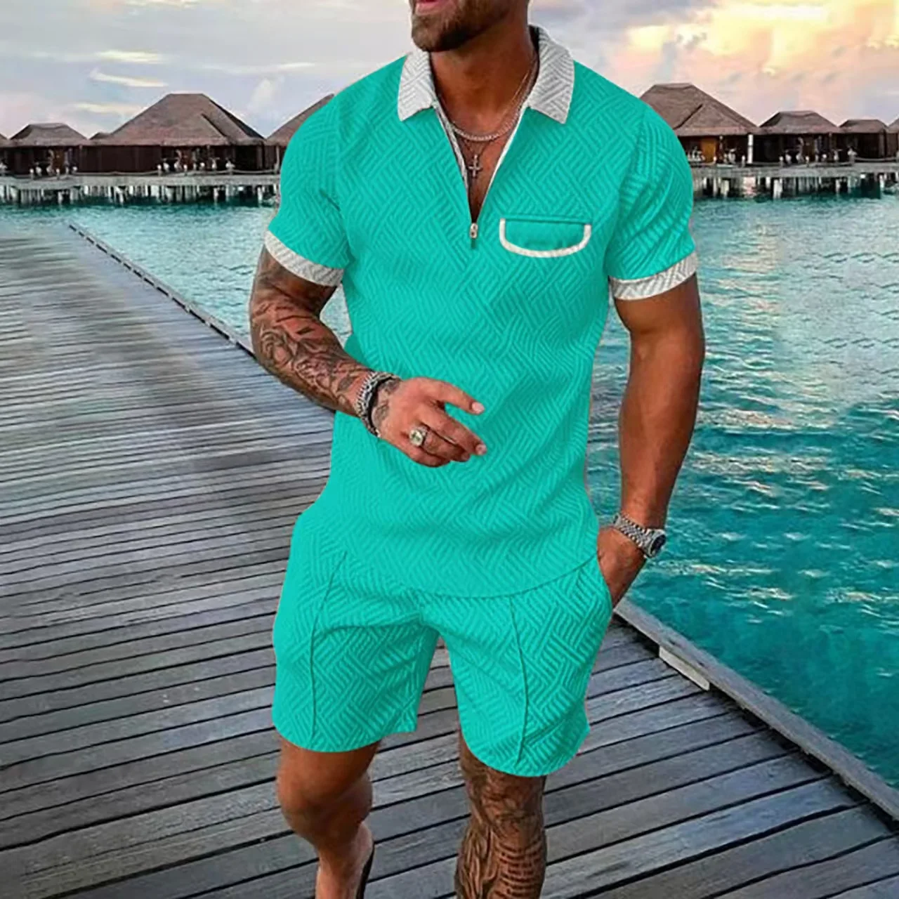 New Men's Fashionable Casual Lapel Contrasting Pocket Top Set with 3D Digital Printing Zipper Short Sleeved Men's Shorts