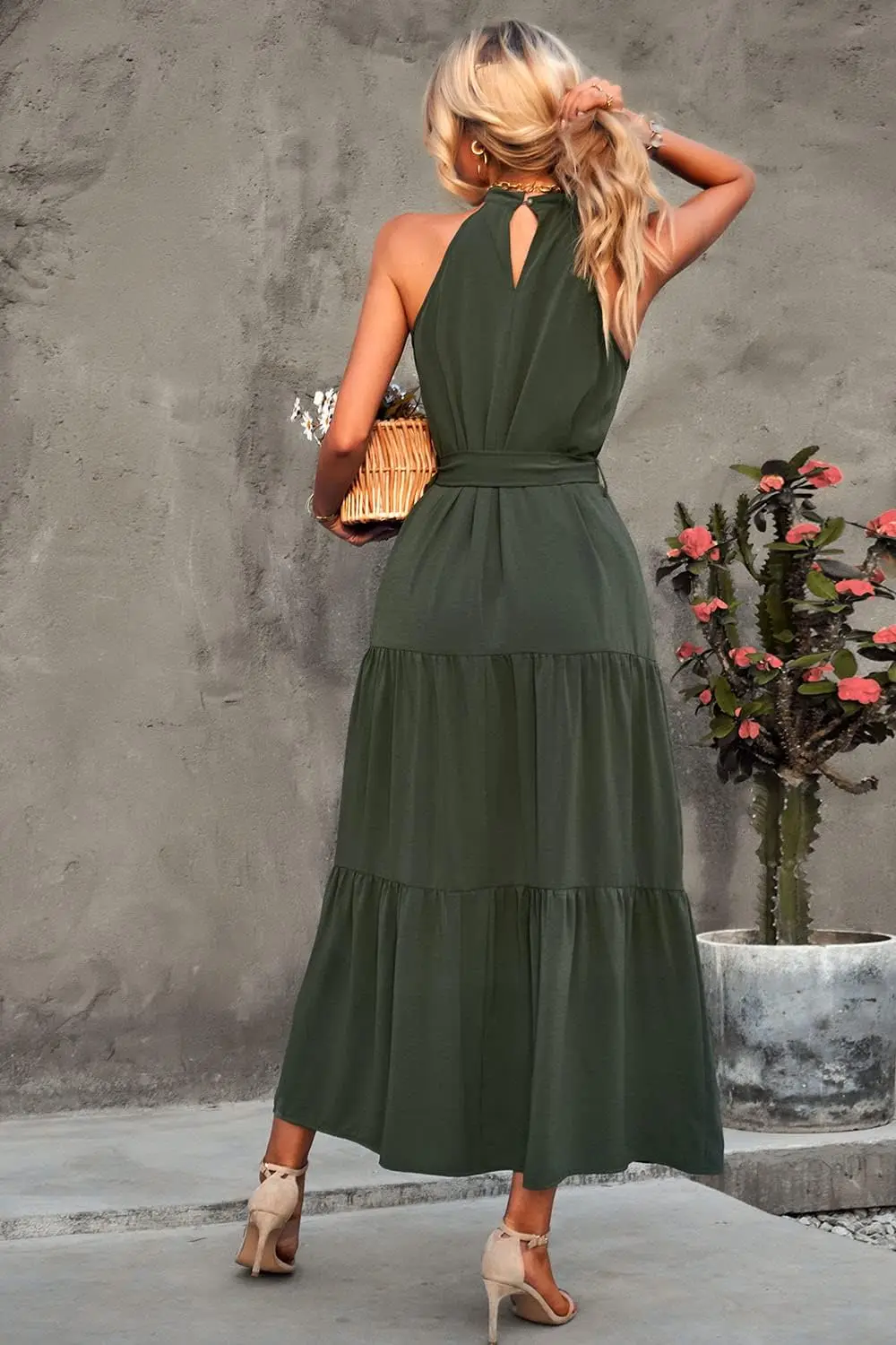 Dames zomer bloemen maxi-jurk mouwloos halternek vloeiende ruche zoom lange boho-jurken met riem