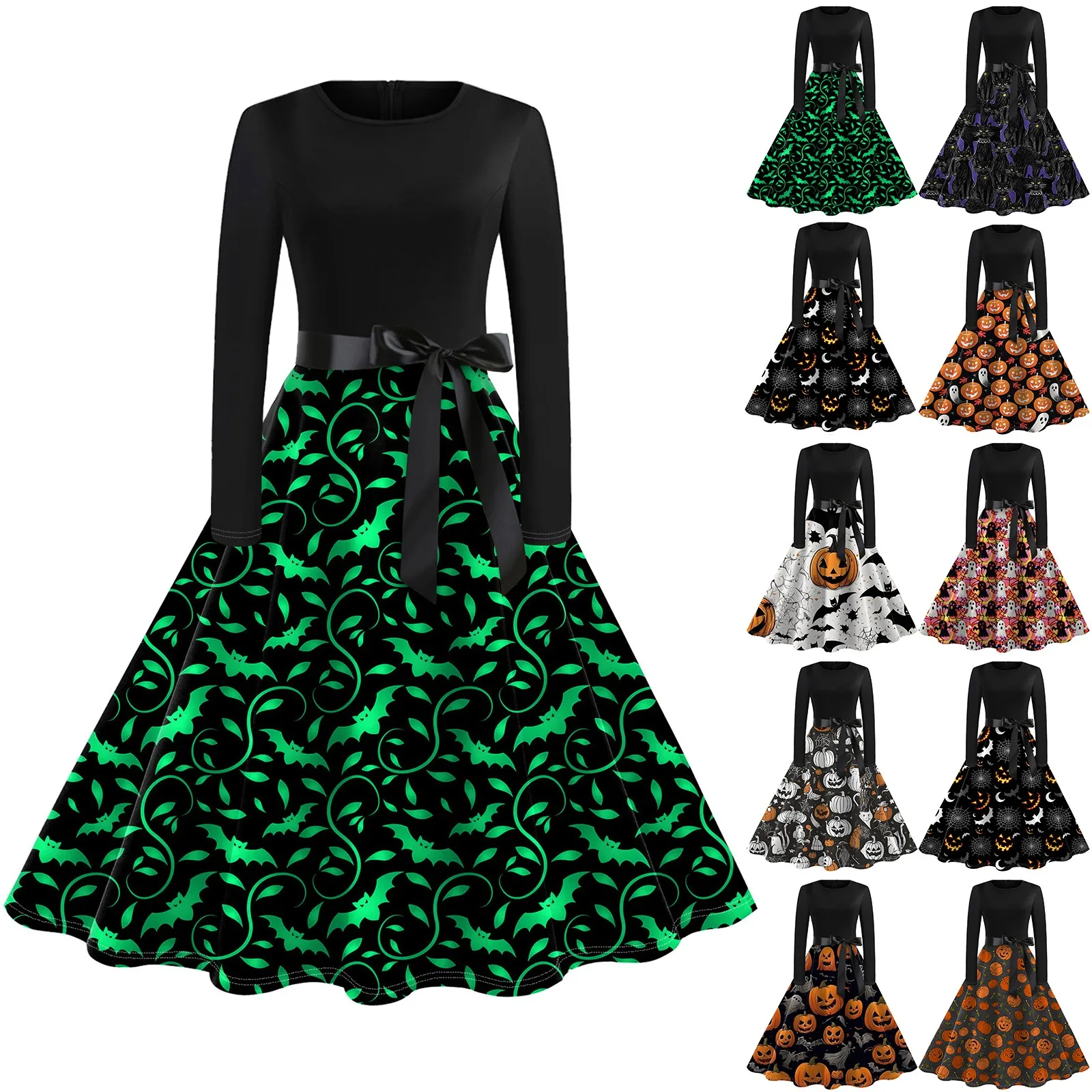 Halloweenowa sukienka z nadrukiem Flare dla kobiet Sukienka z długim rękawem Hollow Party Casual Sukienki plus size sukienki eleganckie sukienki