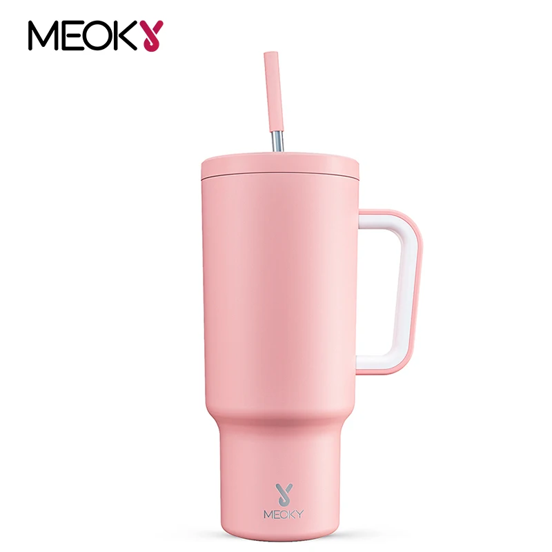 

Meoky Cup 40oz Pink Large Capacity Tumbler Straw Cup With Lid Leak-Proof Stainless Steel Coffee Car Mug Juice Water Bottle