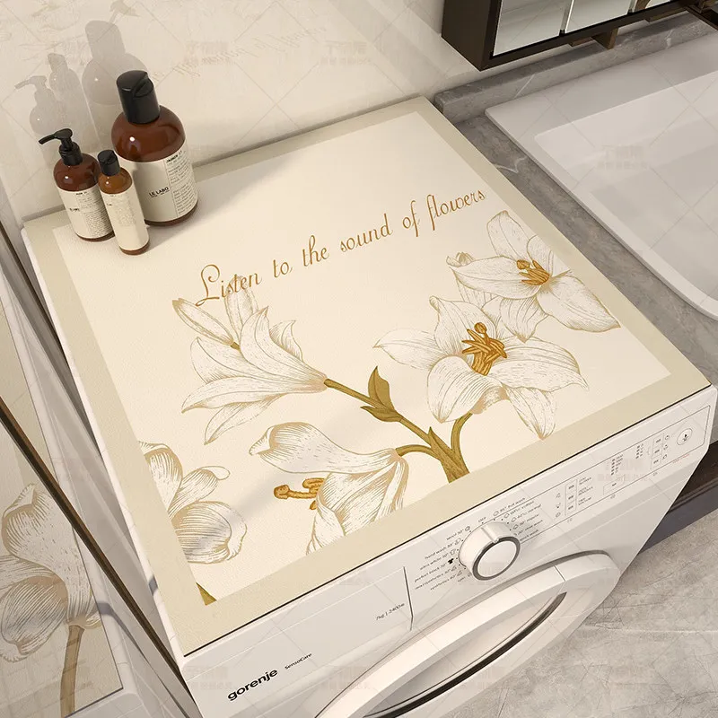 VIKAMA Graceful Yellow Flower Washing Machine Top Mat Orange Frame Text Waterproof Anti Dust Pad For Laundry Dryer Cabinet