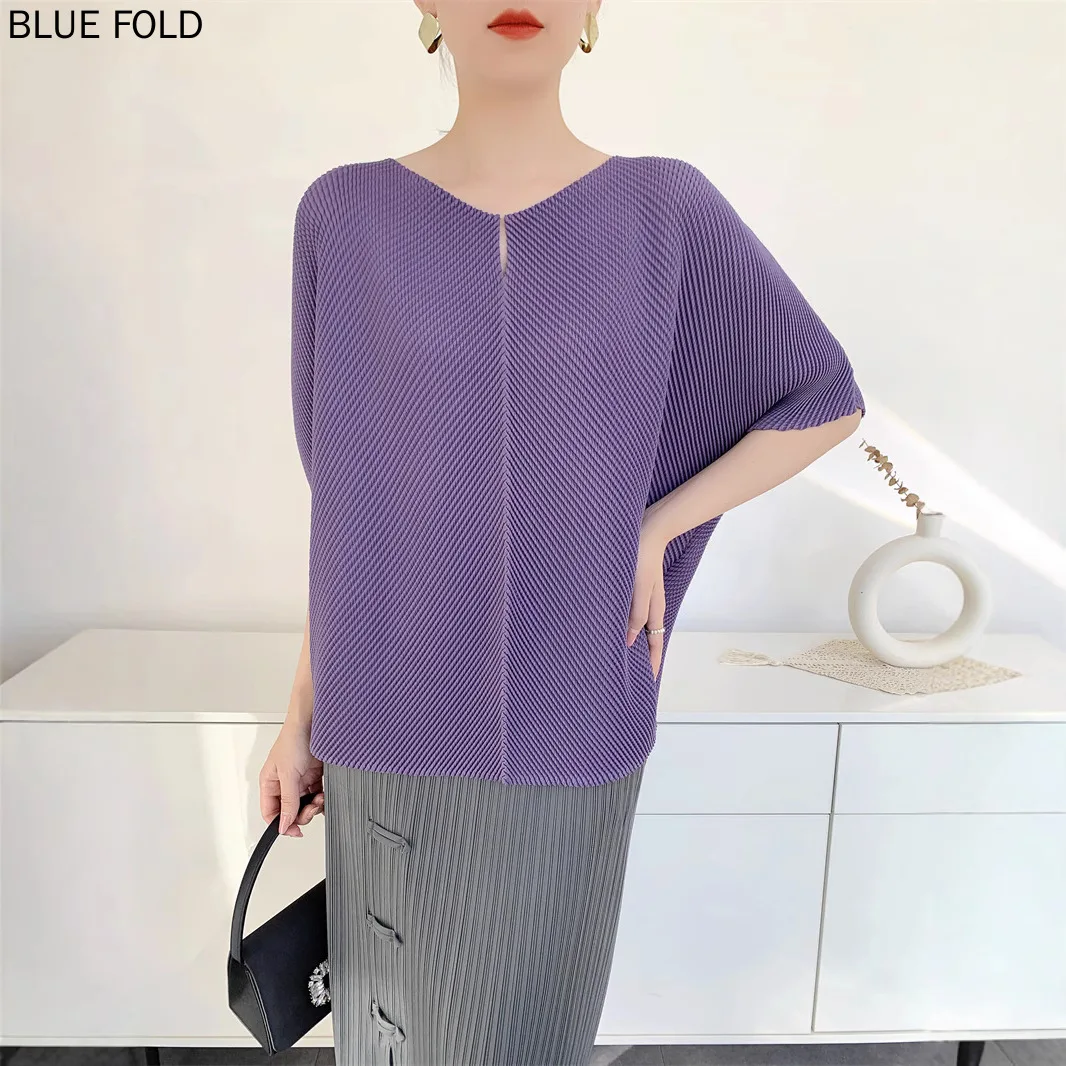 MIYAKE 2025 تي شيرت نسائي صيفي مطوي مريح كاجوال فضفاض برقبة دائرية وأكمام قصيرة