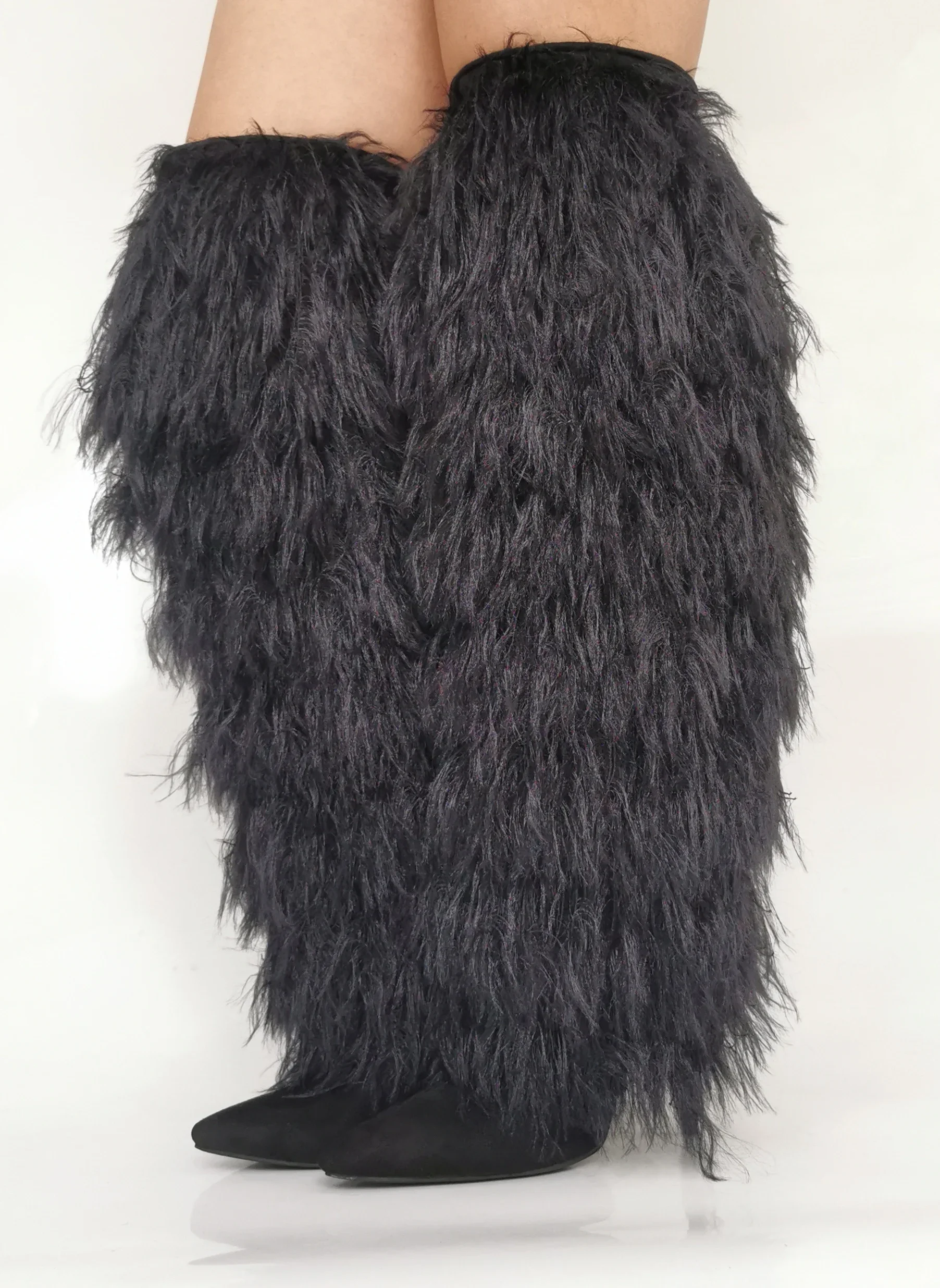 

2025 New Fluffy Knee High Women Boots Pointed Toe Thin High Heel Fashion Catwalk Long Boots Black Hair Stage Party Boots