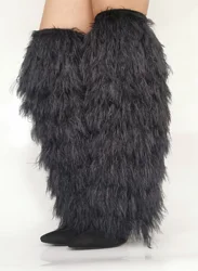 2026 New Fluffy Knee High Women Boots Pointed Toe Thin High Heel Fashion Catwalk Long Boots Black Hair Stage Party Boots