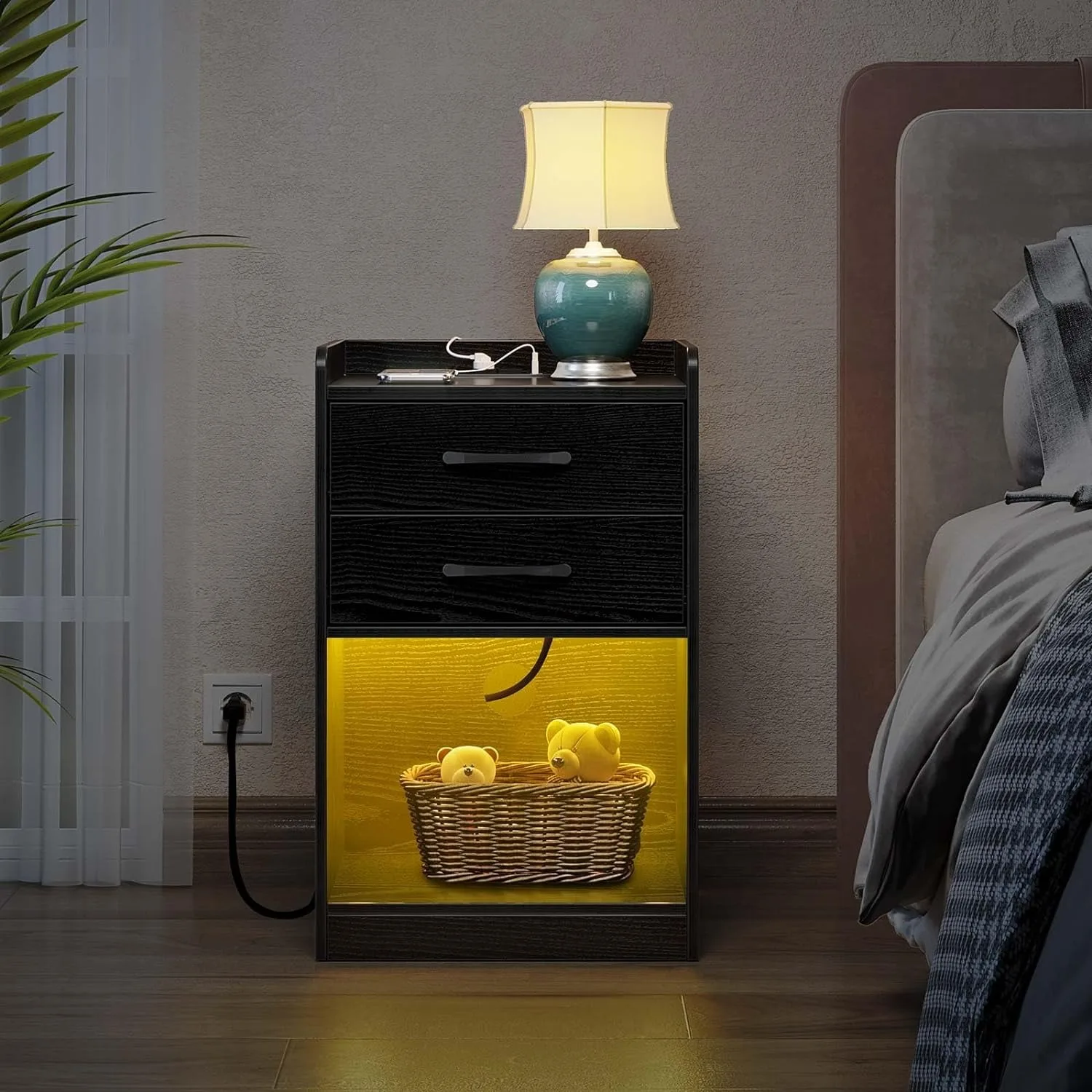 Seventable Nightstand with Charging Station and LED Lights, Modern Night Stand with 2 Drawers and Storage Open Compartment