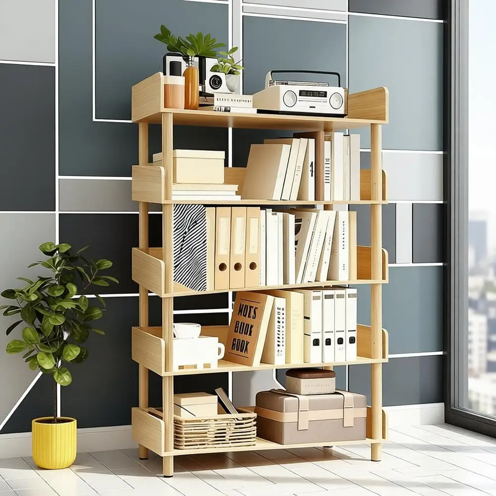 Estante moderna de madeira de 5 camadas, estrutura durável, rack de armazenamento em pé para casa e escritório, acabamento em carvalho
