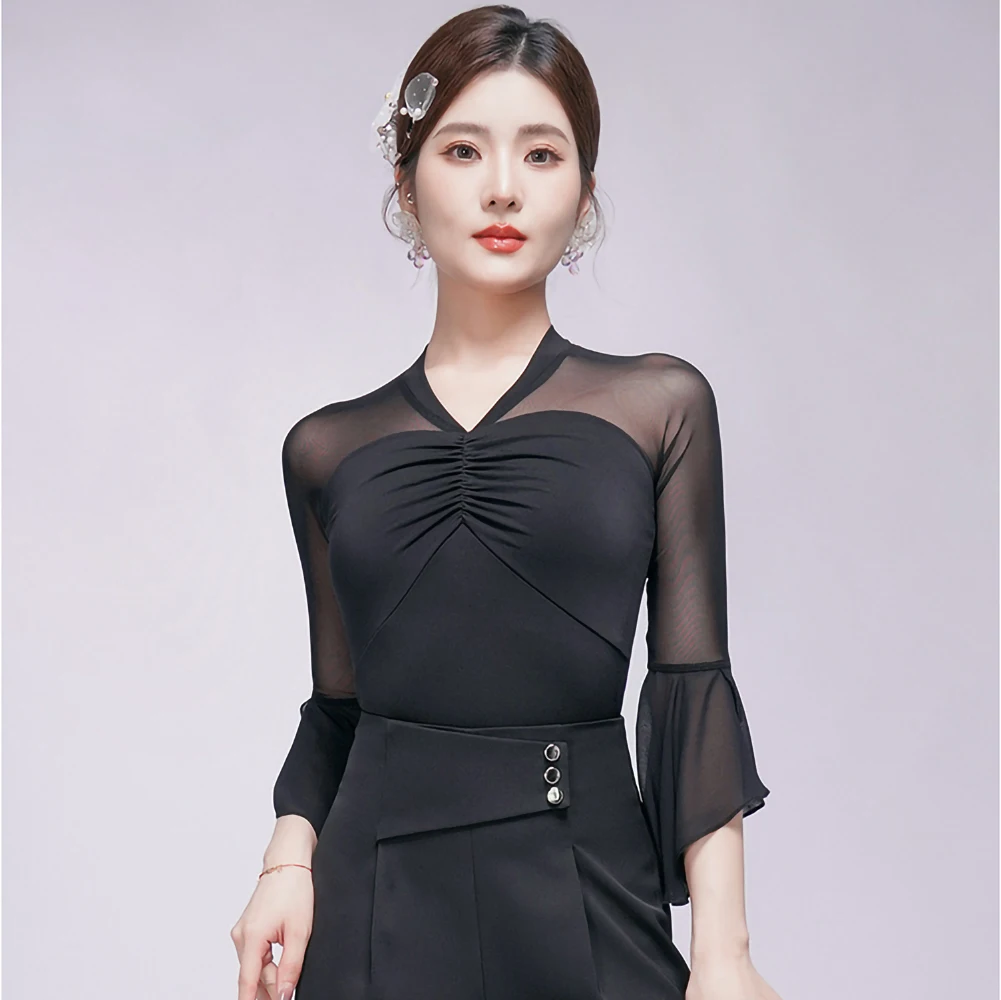 Manica in corno Top da ballo latino Ballo da sala Palla viola Scollo a V Samba Nero Blu Camicia da pratica di danza da donna Nuovo