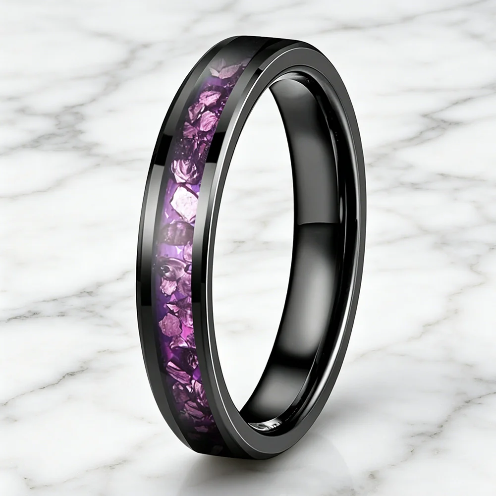 4mm Wolframringe mit Lila Edelstein-Einlage, Modeschmuck, Verlobungs- und Eheringe für Männer und Frauen, Poliert Glänzend, Komfortabler Sitz – Detail 2