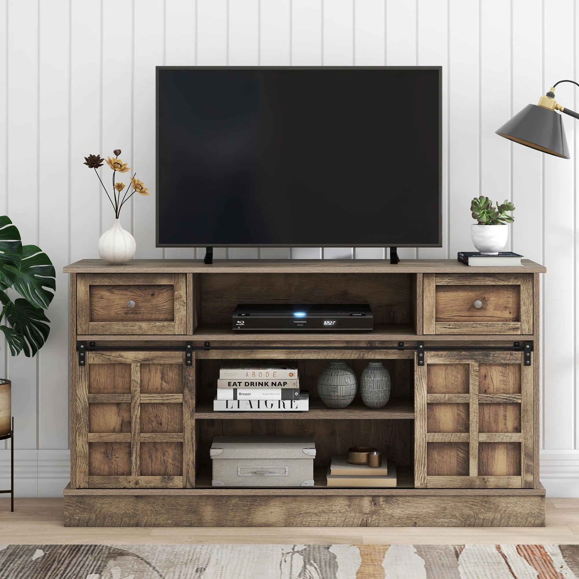 VSOGA 1.5m Long Gray-brown TV Cabinet With 2 Sliding Doors, 9 Storage Compartments Including 2 Drawers And LED Lighting