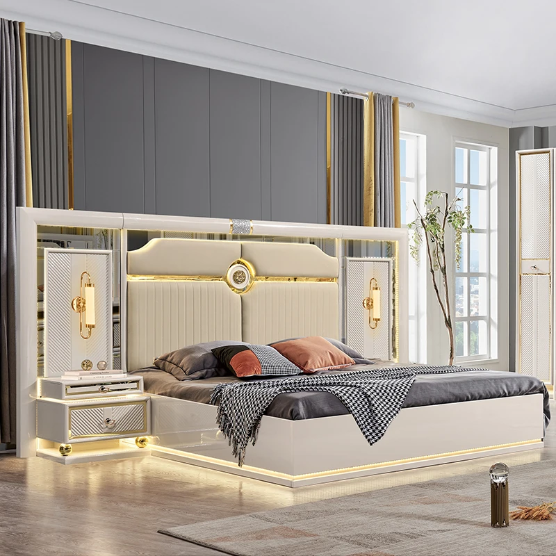 

！@Modern Luxury Bedroom Furniture Bedroom Suit Bed White Leather Bed Home Furniture Bedroom Set Standard Size