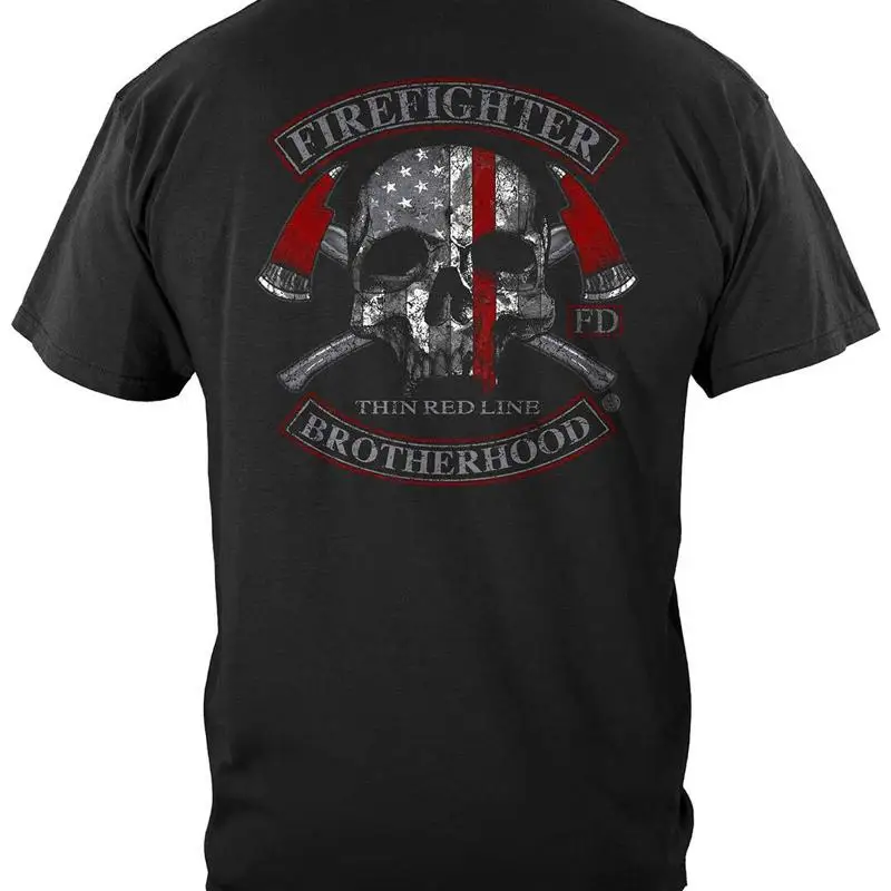 

Firefighter Brotherhood Skull Thin Red Line Firefighter 100% Cotton Black T shirt