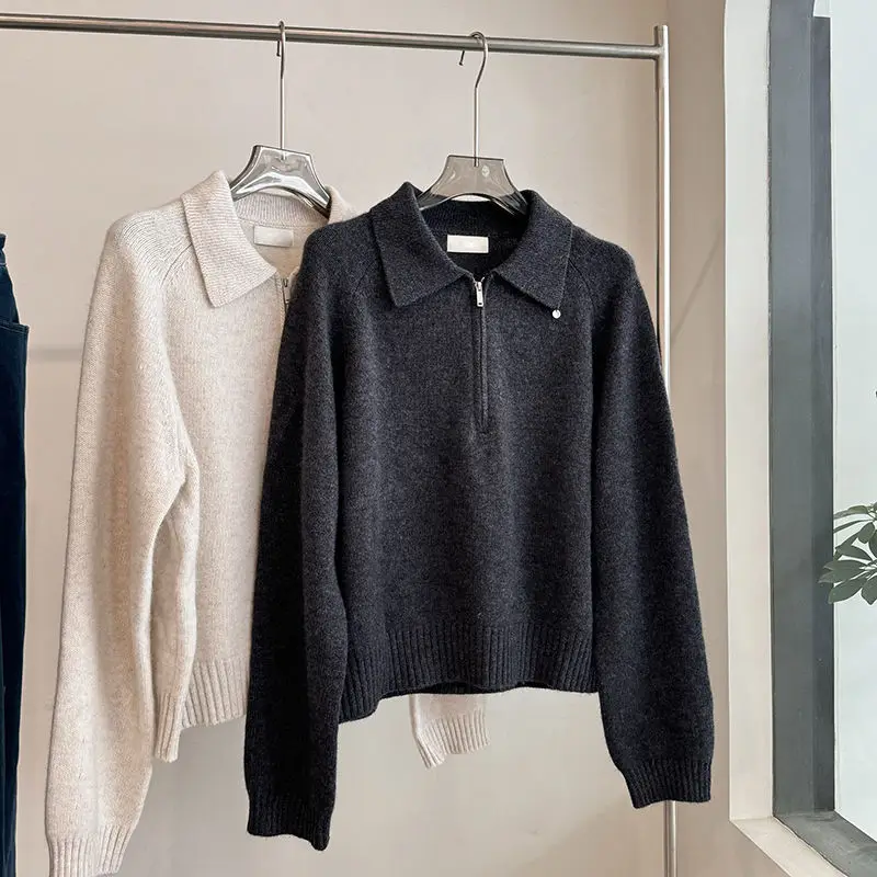 

2025 Fall Winter Pullover Women European Style Refined Shell Button Turn Down Collar Long Sleeve Premium Half Zip Knit Sweater
