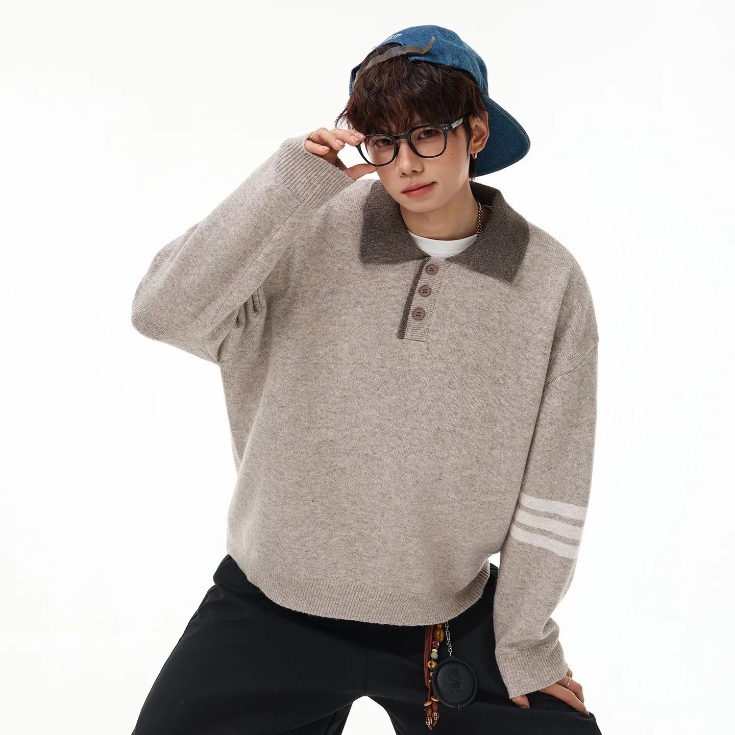 TFETTERS 2026 Autumn Winter Old Money Retro Men Polo Collar Sweater Sleeve Stripe Loose Fit Minimalist Knit Pullover Outfit Men