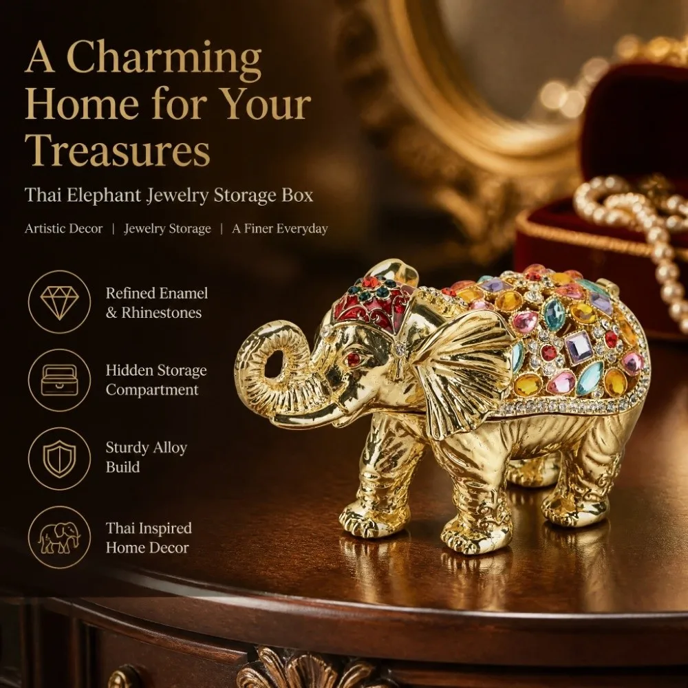Rhinestone Studded Elephant Jewelry Box Alloy Enamel Coating Animal Figurine Box Animal Shape Rhinestone Trinket Holder