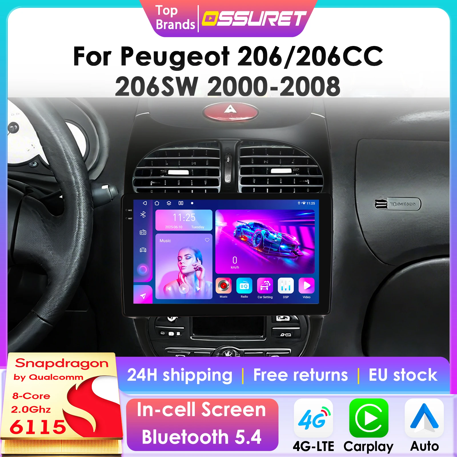 Autoradio Android 14, 9 pouces, 8 cœurs, pour Peugeot 206 206CC 206SW 2000 – 2008, lecteur multimédia, Carplay, 4G, BT, GPS, 360Cam