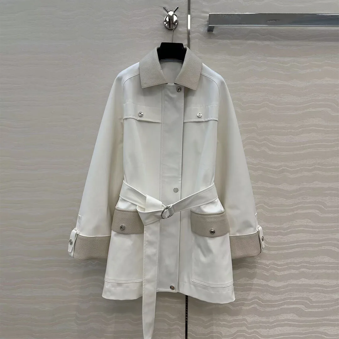 2025 Nieuwe Herfst Luxe Schapenvacht Leer Patchwork Witte Trenchcoat Vrouwen Revers Rits Lange Mouw Slanke Riem Vintage Overjas