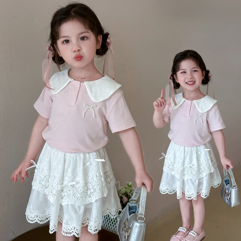 

Girls' Suit Summer New Little Girls Short Sleeve T-shirt + Bow Lace Skirt Two-piece Set Girl Clothes