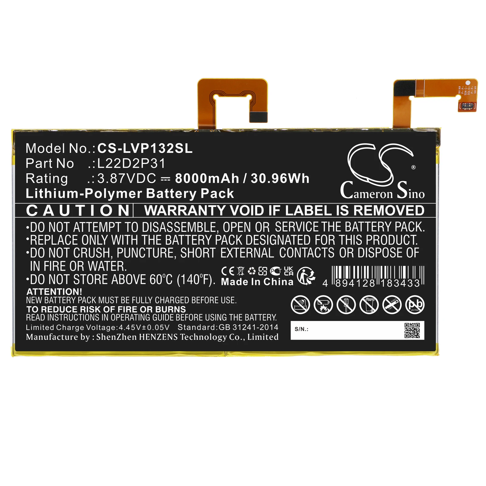 Bateria Li-Polímero para Tablet Lenovo, Tipo de Produto, Lenovo L22D2P31 Tab P11 Pro TB-J706 TB132F Volts 3.87, 8000mAh, 30.96Wh