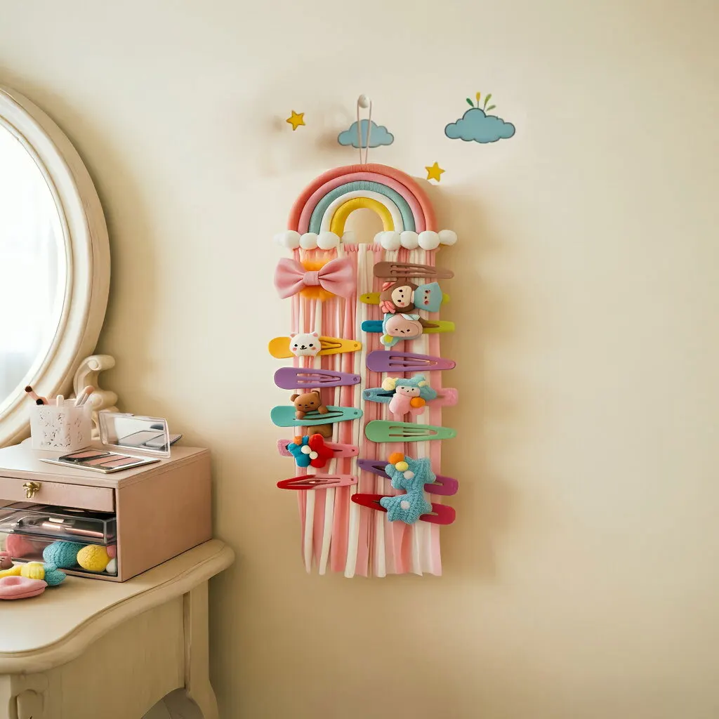 Rainbow Hair Accessory Storage Hanger Wall‑Mounted Hairpin Holder Tassel Hair Clips Display，Suitable For Bedroom Wall Decoration
