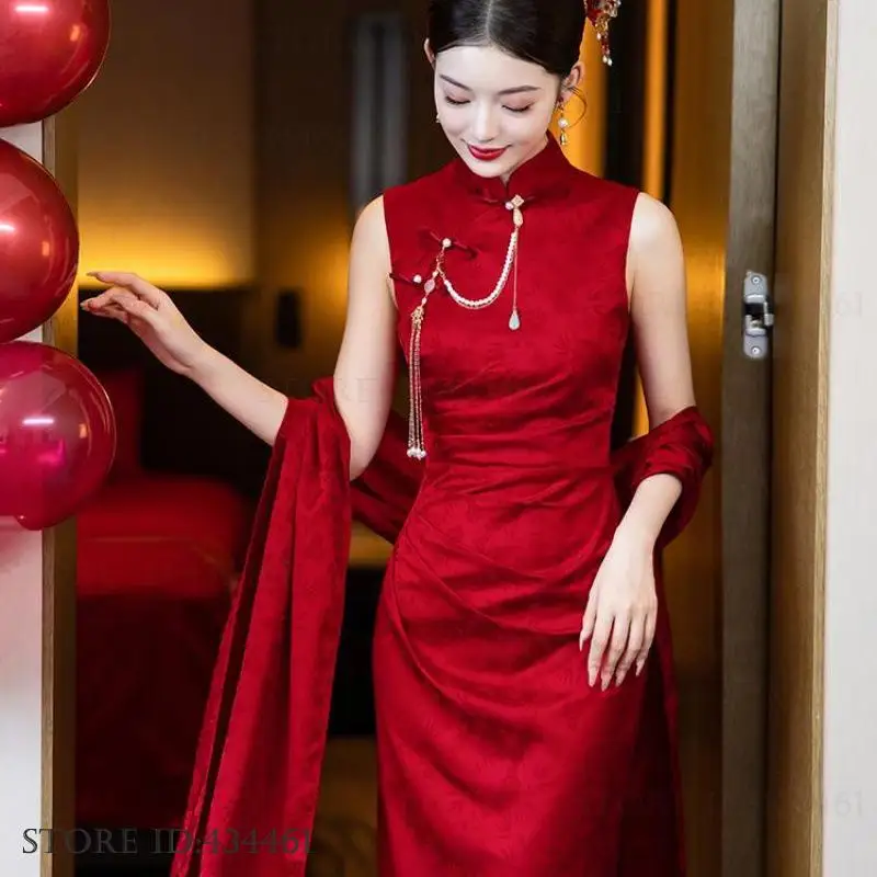 

Новое женское длинное платье Cheongsam в китайском стиле, бордовое жаккардовое платье без рукавов Qipao для невесты, свадебное платье, сексуальное тонкое платье с разрезом