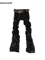 Mauroicardi Spring Autumn Long Fitted Skinny Matte Black Pu Leather Ruched Stacked Pants Men Luxury Designer Clothing Trousers