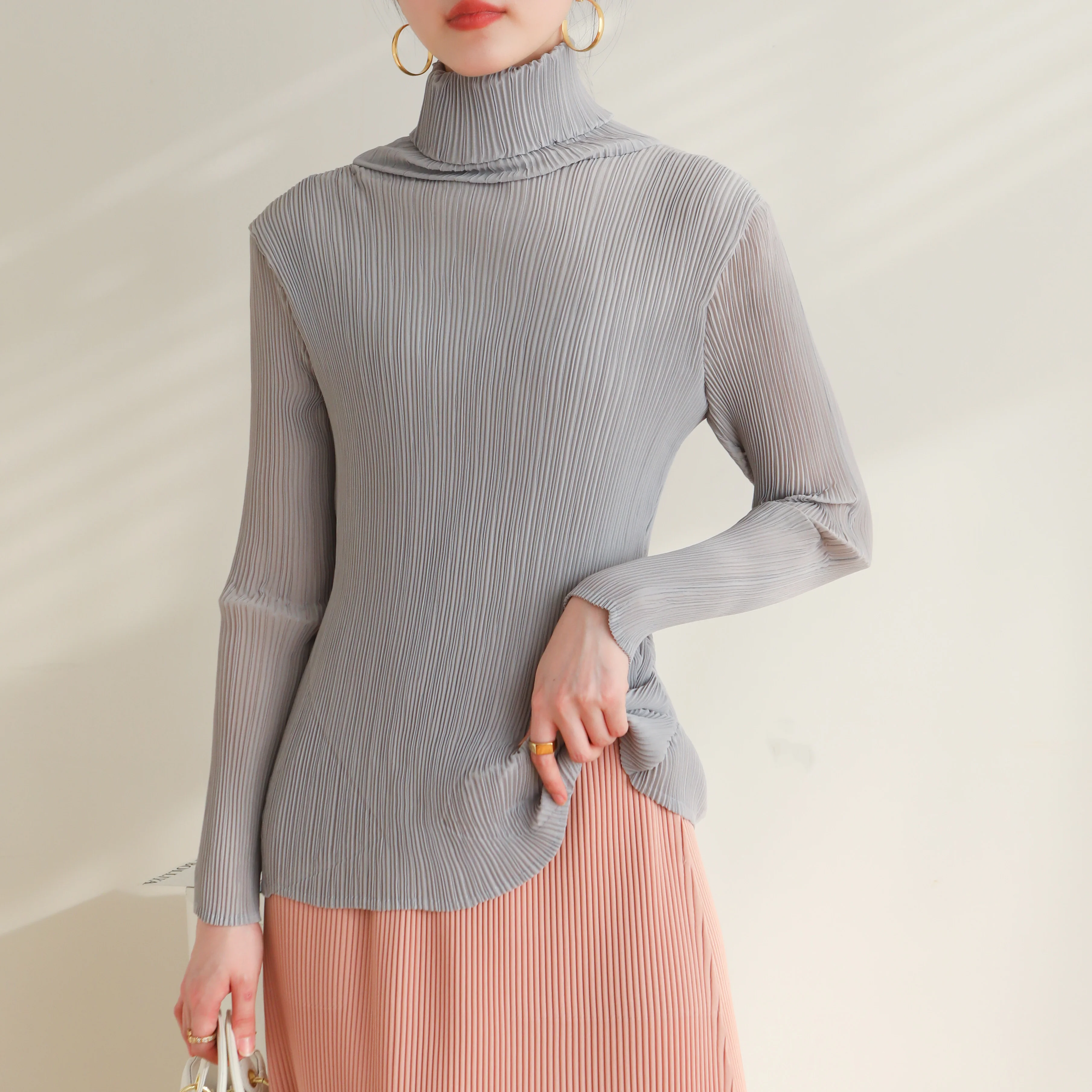 2024 Autumn winter spring high-end pleated ultra-soft double-layer fabric high elastic temperament slim-fit base