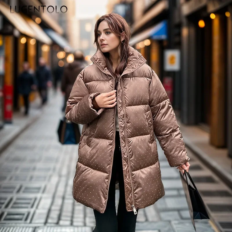 Women Y2k Parkas 2024 Elegant Midi Shiny Hot-fix Rhinestones Jacket Thickened Down Cotton Thermal Coat Fashion Street Party Wear