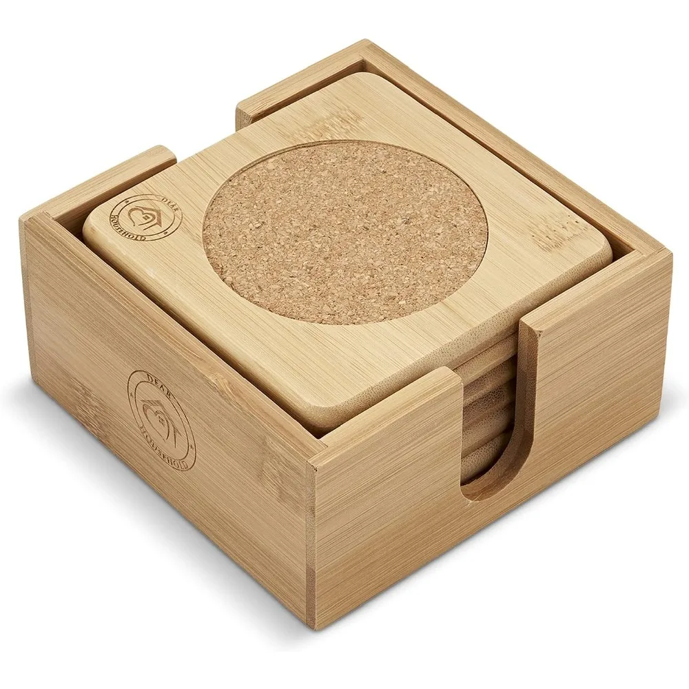 

Set Of 6 Bamboo Coasters With Matching Coaster Holder - Sleek, Smooth Moso Bamboo & Cork Coaster Set Protects Surfaces From Stai