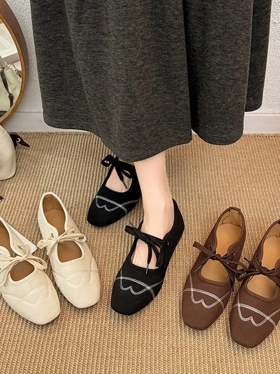 Sapatos Femininos Mary Jane Flat Knot Primavera 2026, Solado Macio, Estilo Coreano, Sapatos Esportivos Slip-On Confortáveis p...