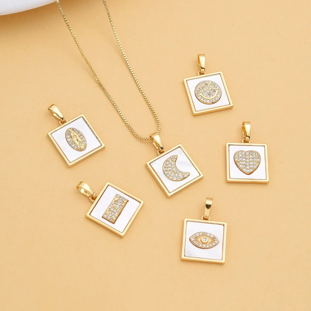 

3 шт. медная позолоченная подвеска в виде квадратной ракушки для изготовления ожерелья своими руками, ювелирных изделий, Девы Марии, смайлик, сердце, лунный глаз, аксессуары