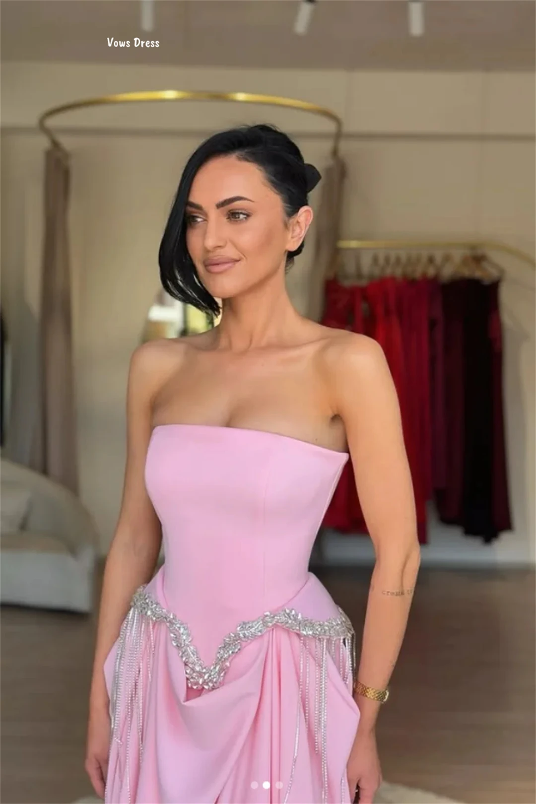 2025 럭셔리 이브닝 드레스 2025 라인 A 핑크 맞춤 제작 튜브탑 볼 가운 드레스 웨딩드레스 웨디