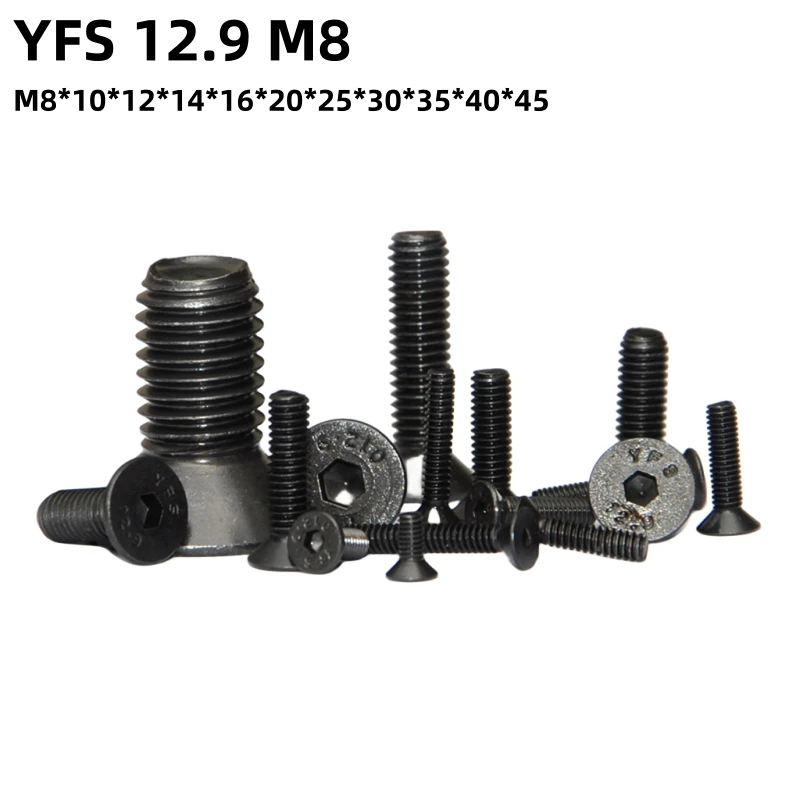 

100PCS YFS M8 M8*10*12*14*16*20*25*30*35*40*45mm Grade12.9 Countersunk Hexagon Socket Head Screw