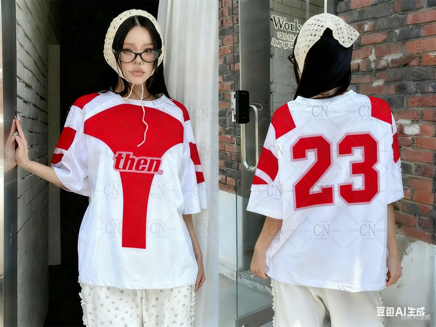 الكورية نمط جديد 23 طباعة الجرافيك تي شيرت س الرقبة ملابس رياضية فضفاضة قصيرة الأكمام المألوف الشارع ارتداء Y2k تي شيرت المرأة #4