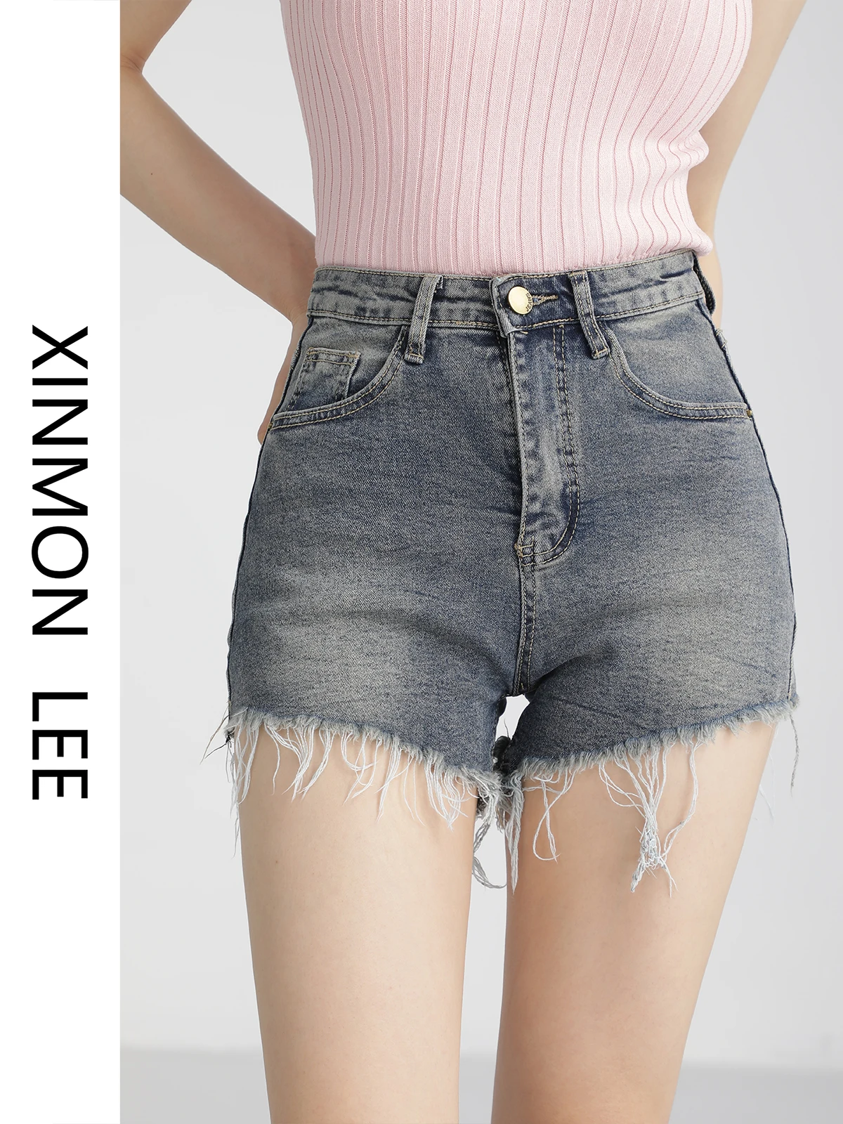 

Женские джинсовые шорты с высокой талией, утягивающие, из светлого денима, весна-лето, новинка, широкие штанины, от Li Xing Meng