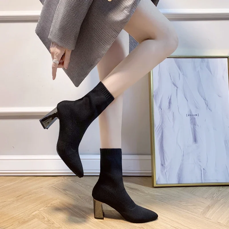 Fashion Shortleg Metal Square Heel Modern Boots Stripper Sexy Nightclub Display Party Boots Slim Pointed Wool Ankle Boot