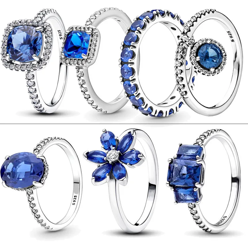 2024 New 925 Silver Sparkling Square Blue Ring Herbarium Cluster Ring Finger Ring For Women Gift Original Brand Fine Jewelry