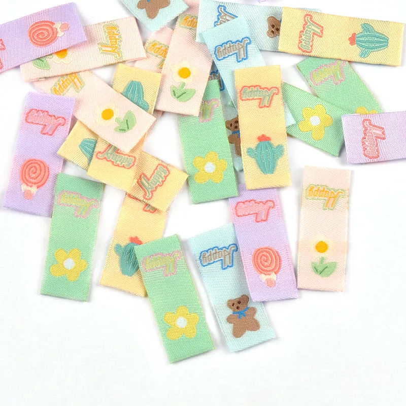 50pcs 39x15mm Cute Bear/Flower/Cactus/Lollipop Mixed Embroidered Labels Washable Tags For Clothes Sewing Accessories Decor c3742