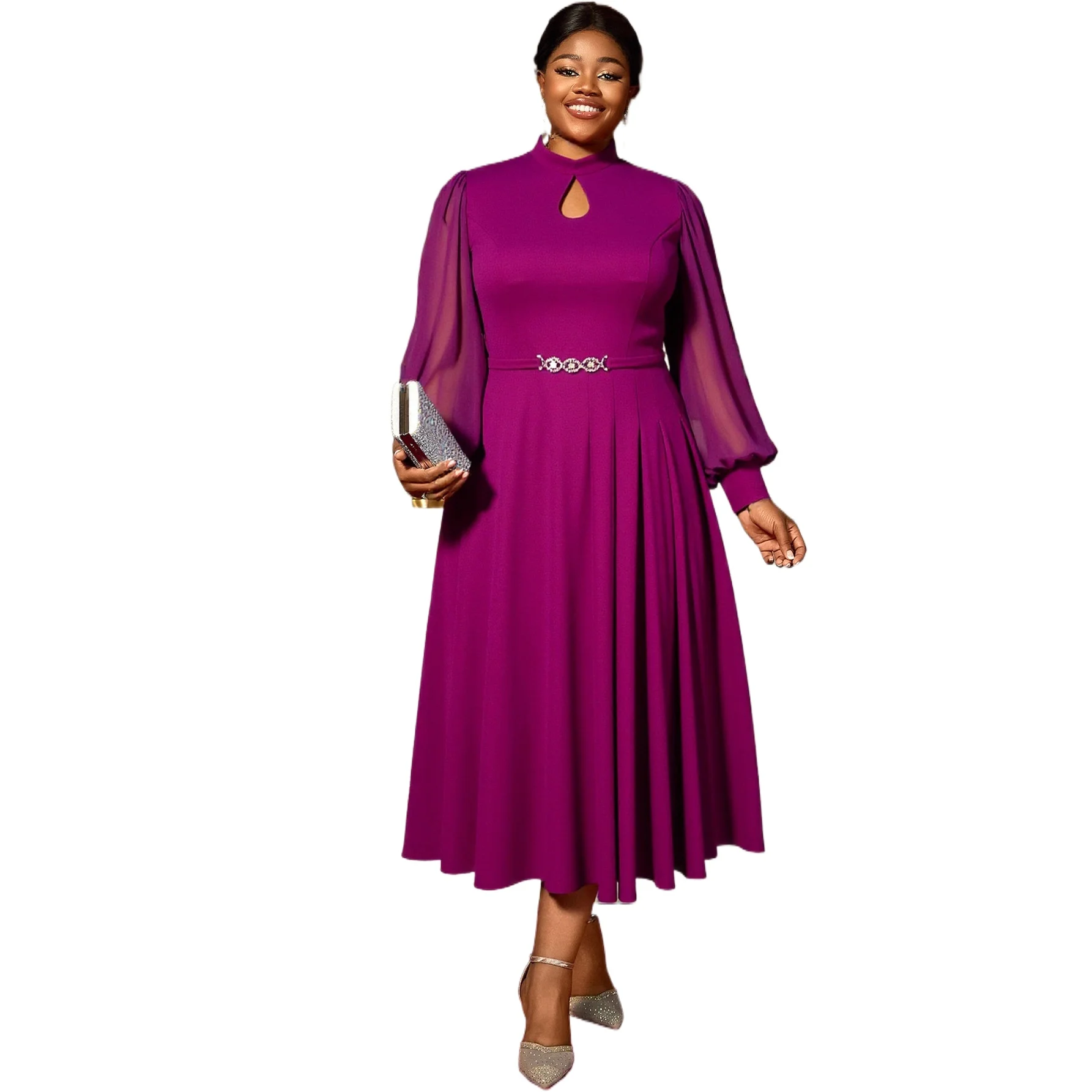 

Elegant Front Keyhole Pleated Tea Length Formal Evening Party Dress With Long Sleeves