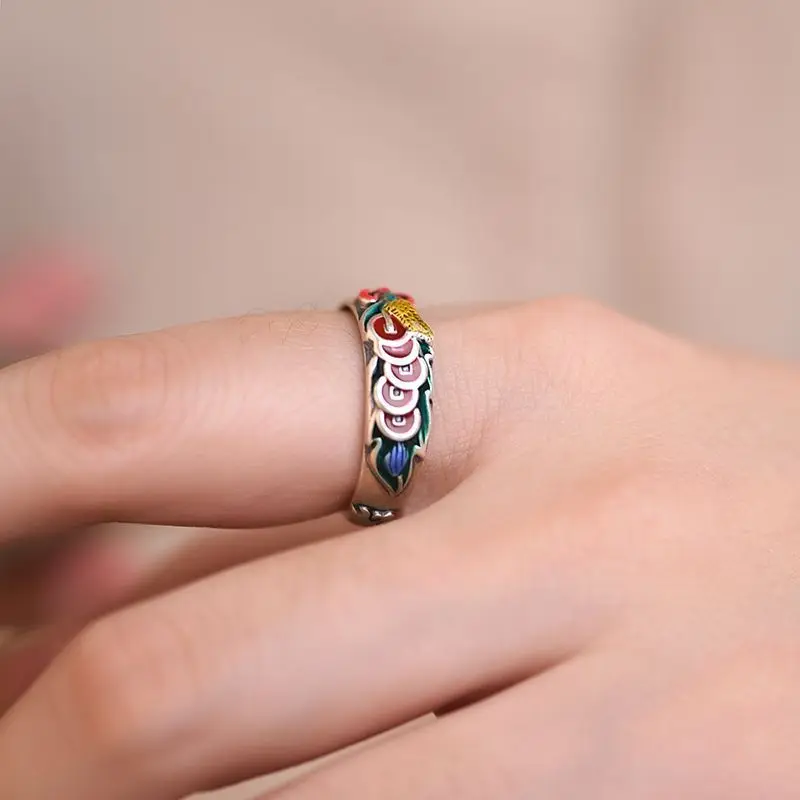 1pc Vintage Coin Blue Enamel Copper Personality Peanut National Style China-Chic Movable Ring Women Jewelry & Accessories