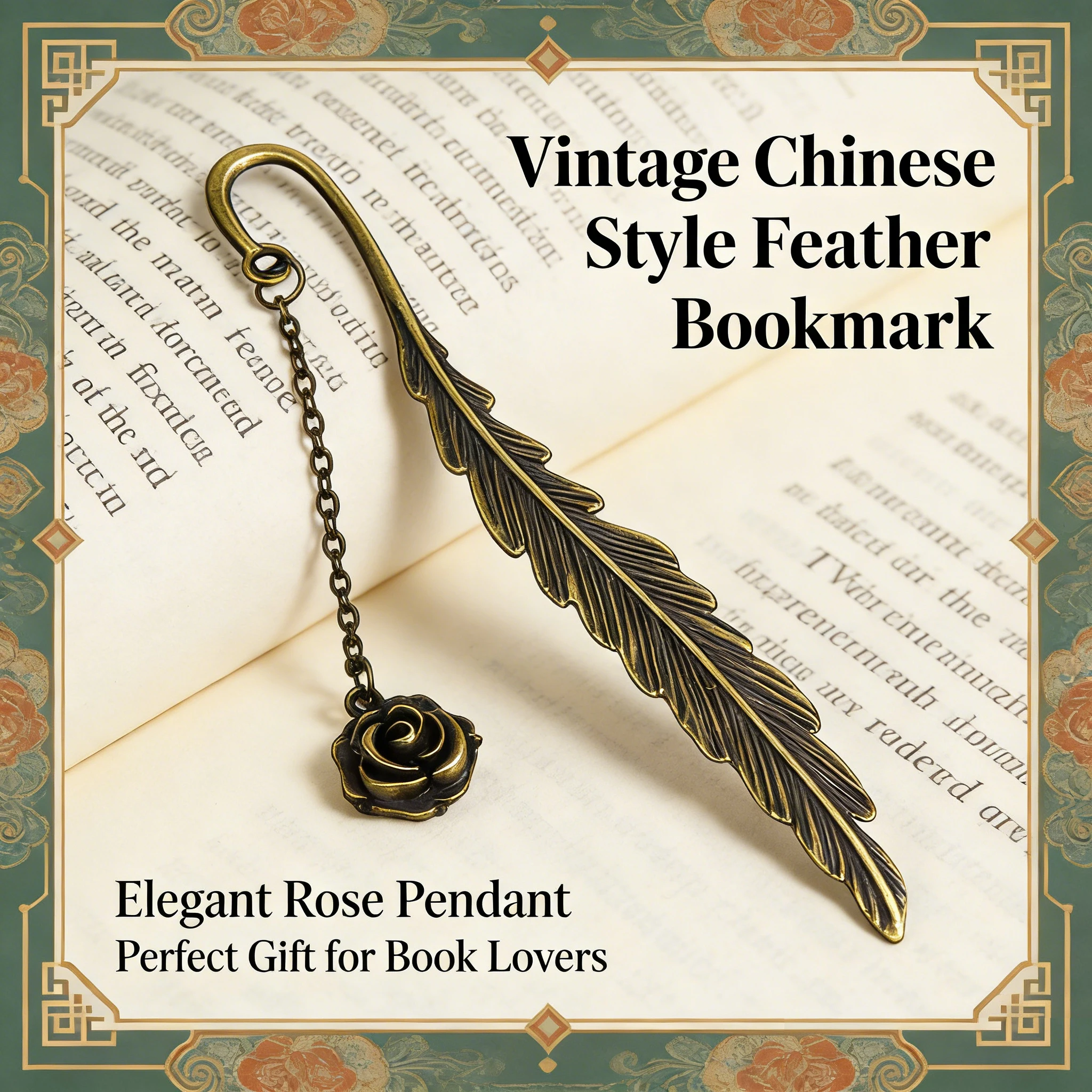 

Vintage Chinese Style Feather Bookmark with Rose Pendant | Elegant Metal Book Marker | Perfect Gift for Book Lovers & Readers